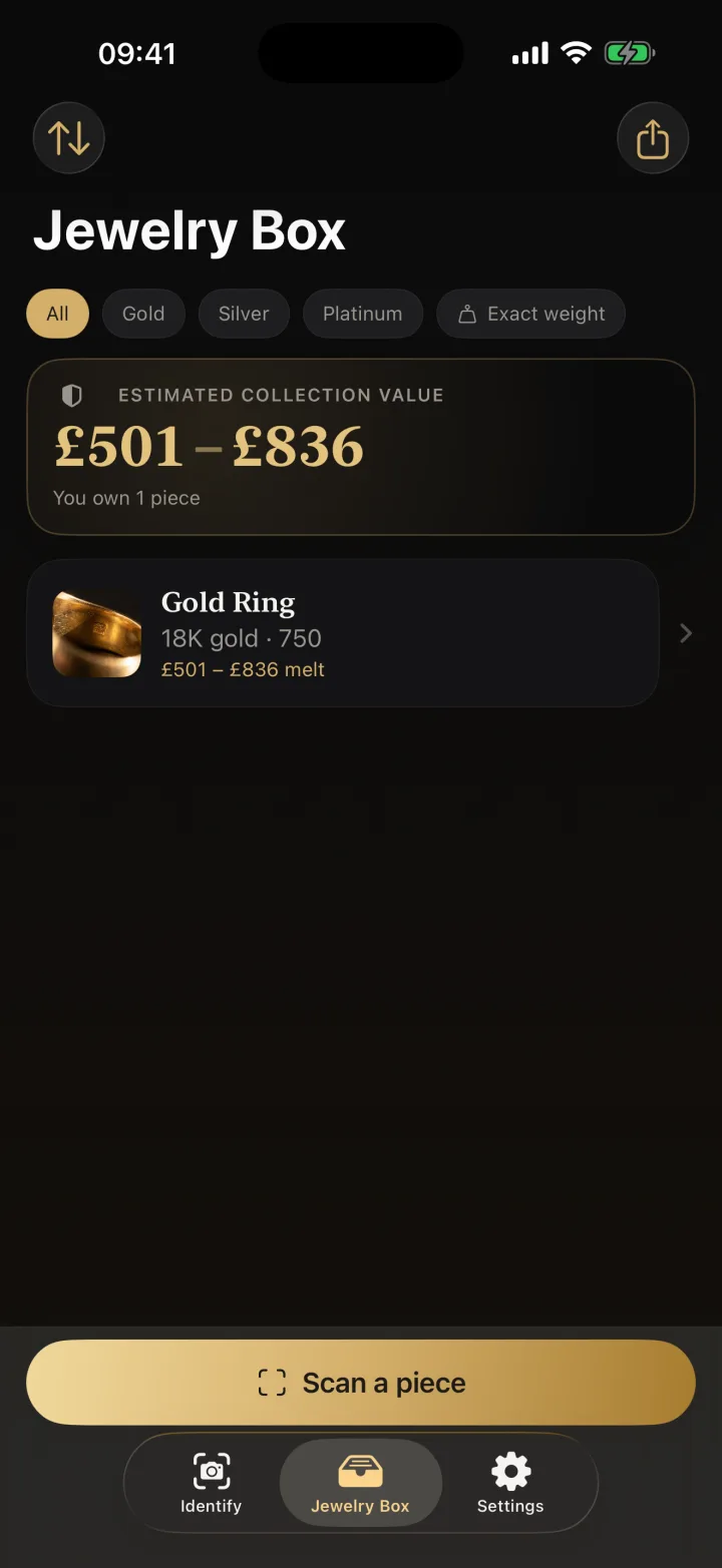 The Jewelry Box tab: an estimated collection value of £501 to £836, with a saved gold ring listed beneath it.