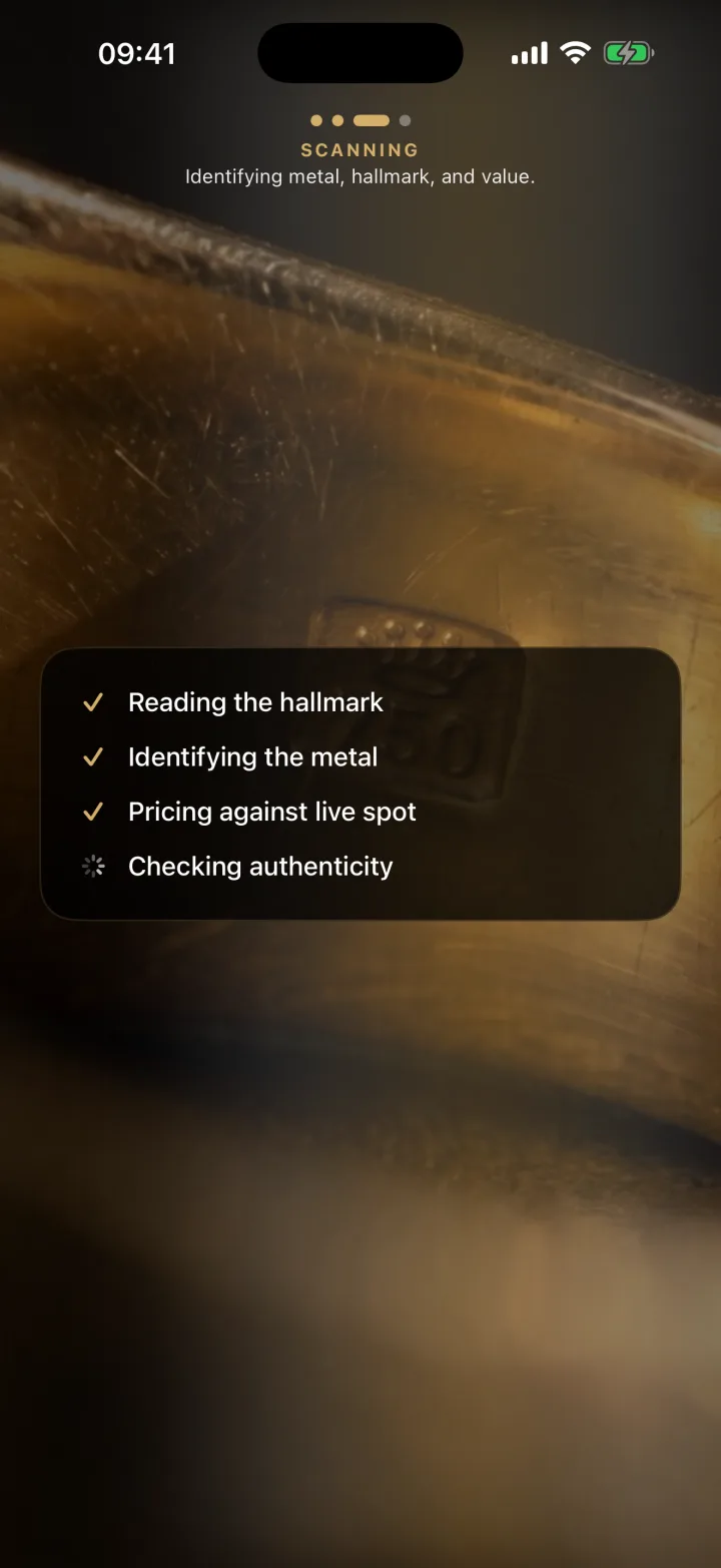 Gemmo scanning a gold ring, ticking off four passes: reading the hallmark, identifying the metal, pricing against live spot, and checking authenticity.